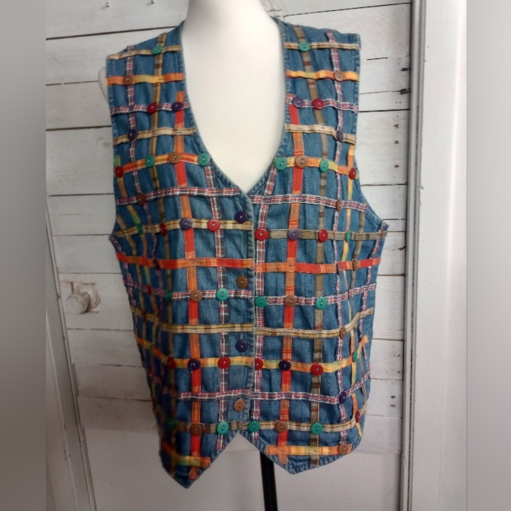 Paul Harris Design Colorful Button Plaid Denim Vest Women’s Size Large Vintage *